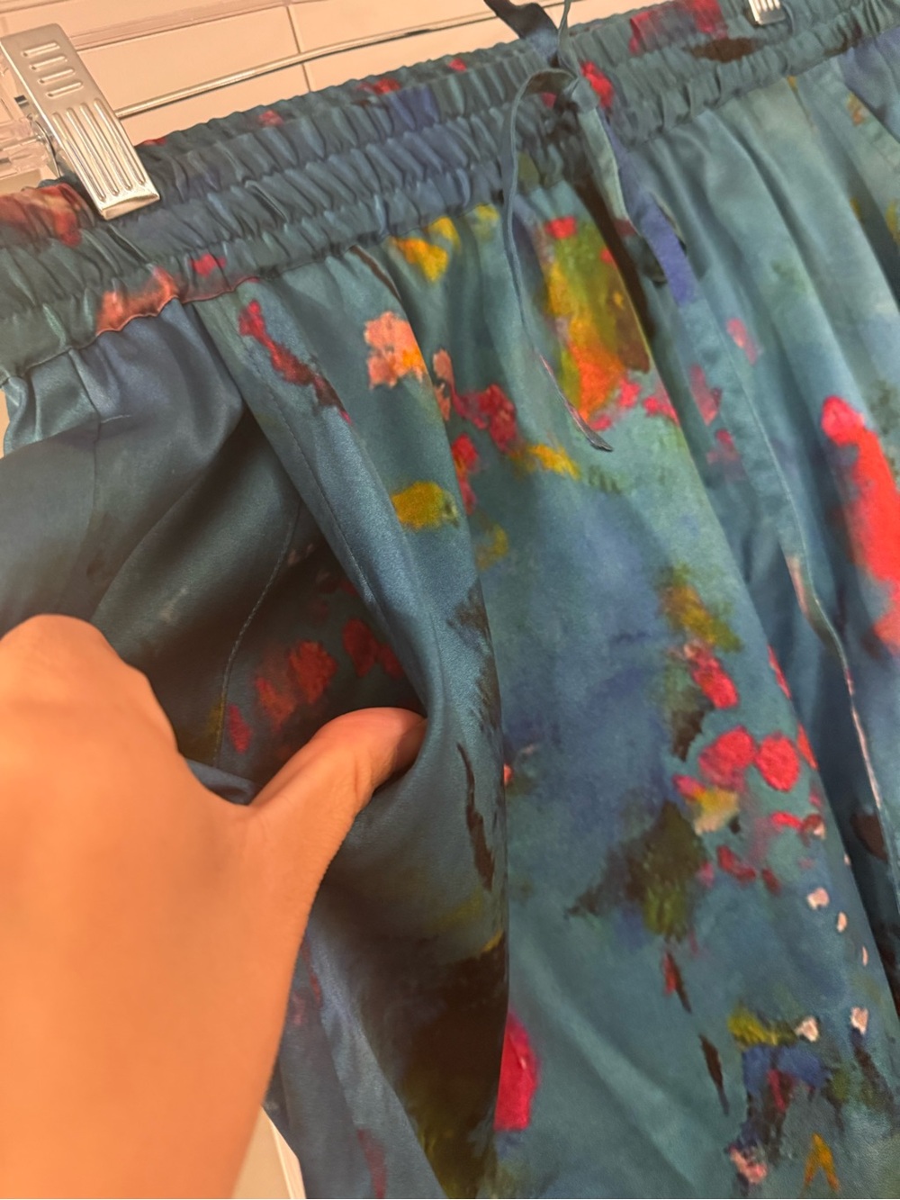 Johnny Was Teal Silk Blend Straight-Leg Pants with Multicolor Abstract Accents - Picture 6 of 6